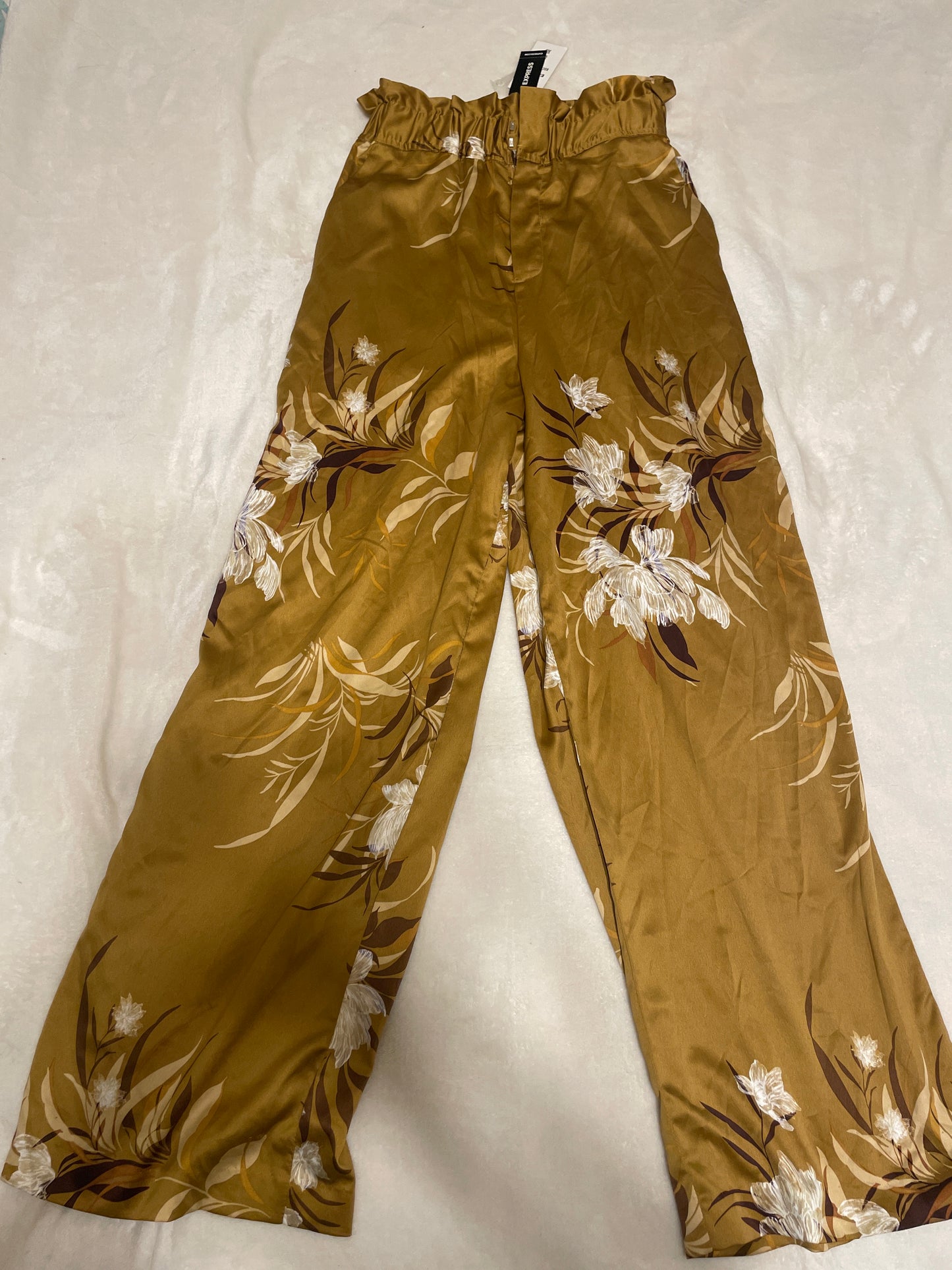 Express x Rocky Barnes High Waisted Satin Floral Pull On Wide Leg Pants